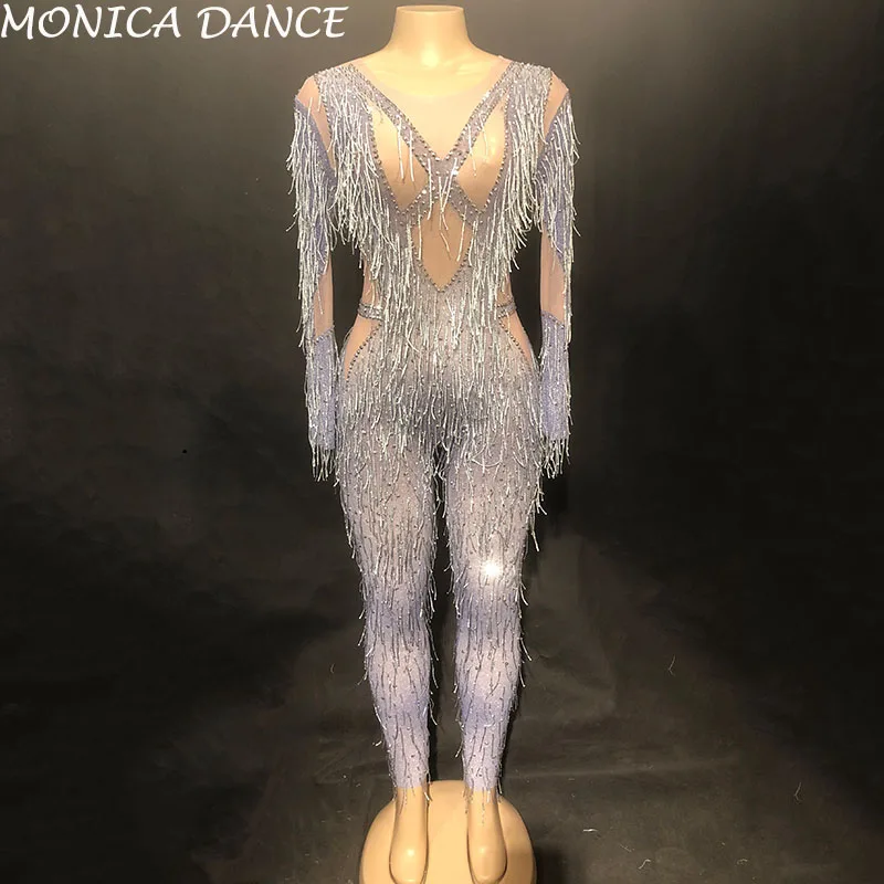 Sexy Net Yarn Crystals Dj Bodysuit Costume One-piece Evening Jumpsuit Celebrate Party Wear Singer Stage Performance Jumpsuit