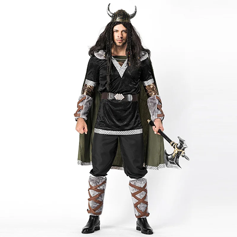 

Adult Men Halloween Viking Warrior Costumes Fancy Barbarian Medieval Cosplay Clothing Helmet Set For Men Cow Devil Costume