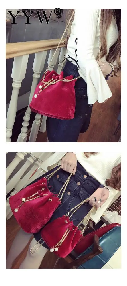 

Woollen Cloth Bucket Bag Handbag New Mini Drawstring Bags With Chain Shoulder Bag For Women Fashion Small Square Shape Daybags