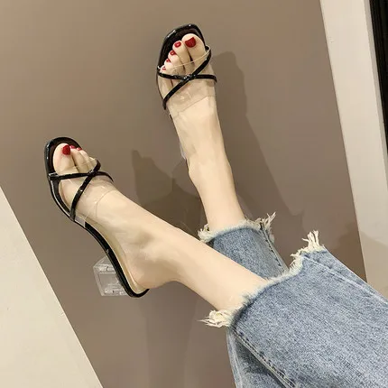 2019 Новая летняя Прозрачная женская одежда модные шлепанцы на высоком каблуке |