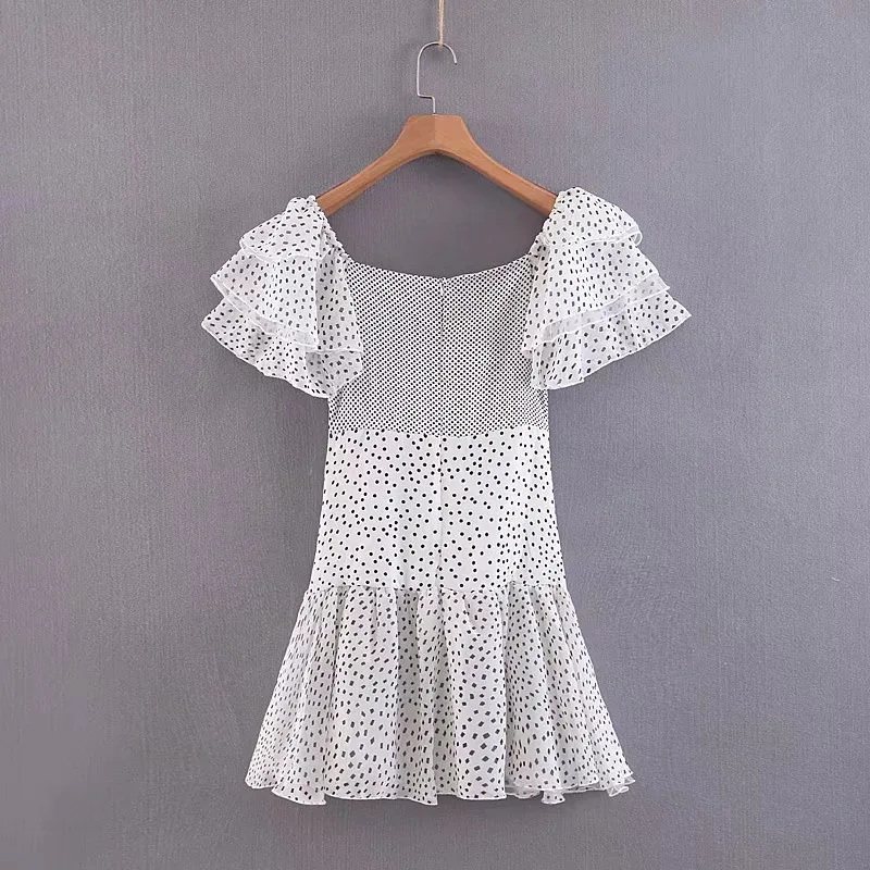 Женское шифоновое мини платье в горошек с рюшами и коротким рукавом 2019|Женские