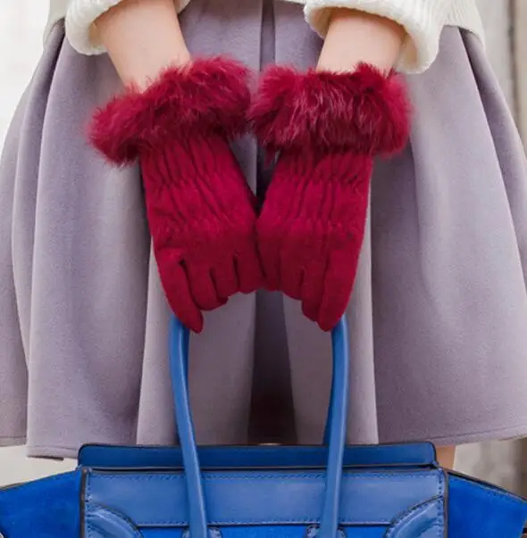 

Autumn winter women's thicken warm wool gloves female natural rabbit fur cashmere driving glove R906