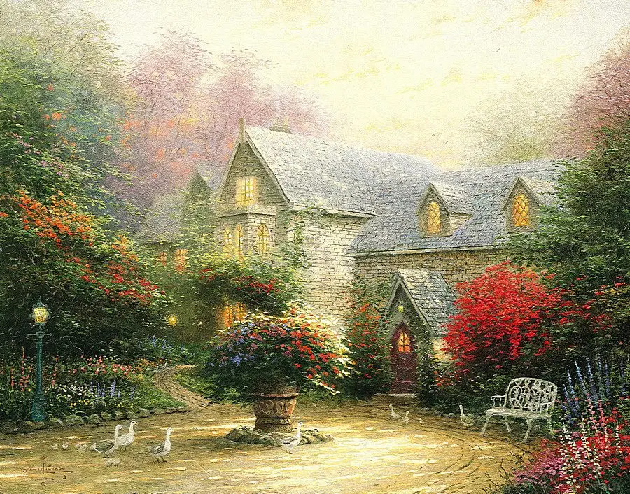 Картина на холсте Thomas Kinkade осень в Эшли Коттедж с принтом Современные художники