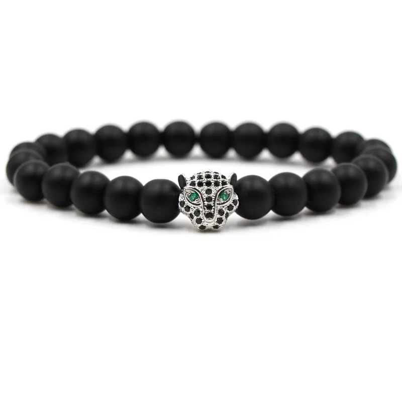 

HOBBORN Classic Natural Stone Women Men Bracelet 8mm Matt Natural Stone Luxury Leopard Head CZ Crystal Beads Bracelets Jewelry