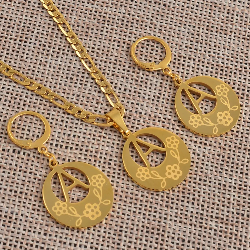 Anniyo A-Z Pendant Necklace sets Gold Color &amp Stainless Steel Initial Letter for Women Girls English Alphabet Jewelry #039121P |