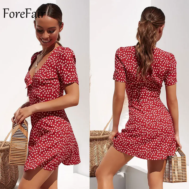 Forefair, ретро богемное пляжное платье, женское, летнее, сексуальное, ТРАПЕЦИЕВИДНОЕ, короткий рукав, v-образный вырез, элегантное, Узелок, завязывается, мини, вечерние, с цветочным рисунком