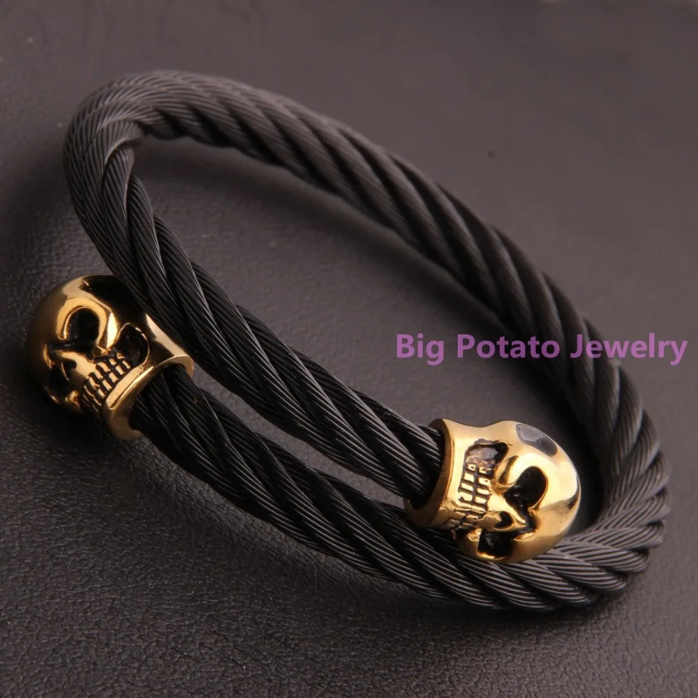 Top Hot Sell 316L Stainless Steel Black Wire Gold Skull Bracelet Bangle 55mm Inner 6mm Width Cool Mens Wrist Jewelry Low Price | Украшения