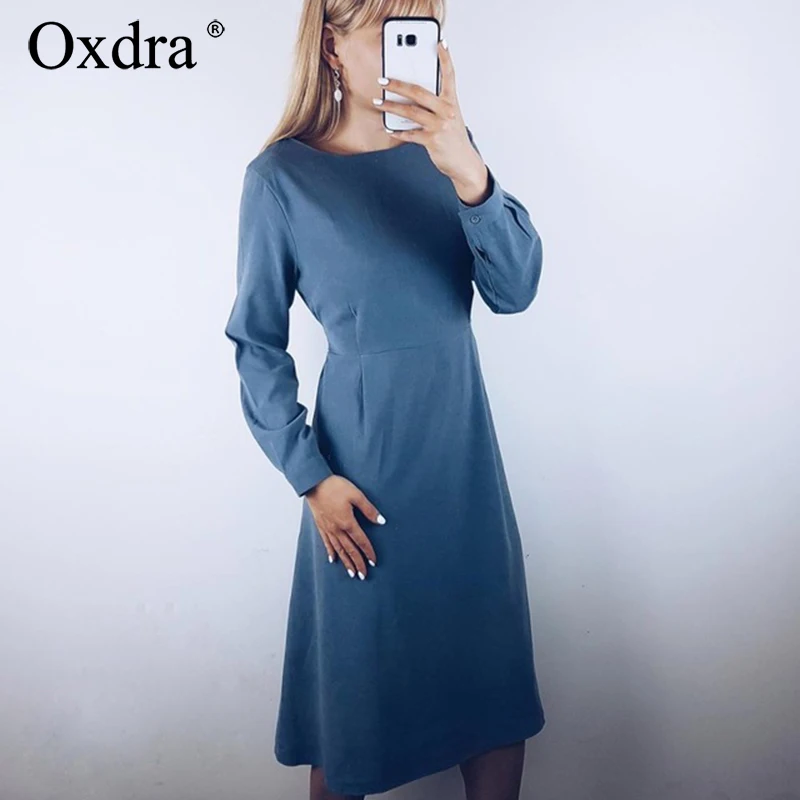Женское свободное платье Oxdra однотонное Повседневное с длинным рукавом и высокой