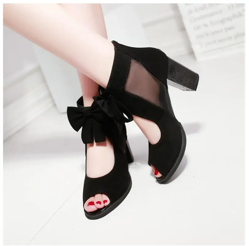 Новая модная женская обувь босоножки на молнии с бантом высоком каблуке Летняя