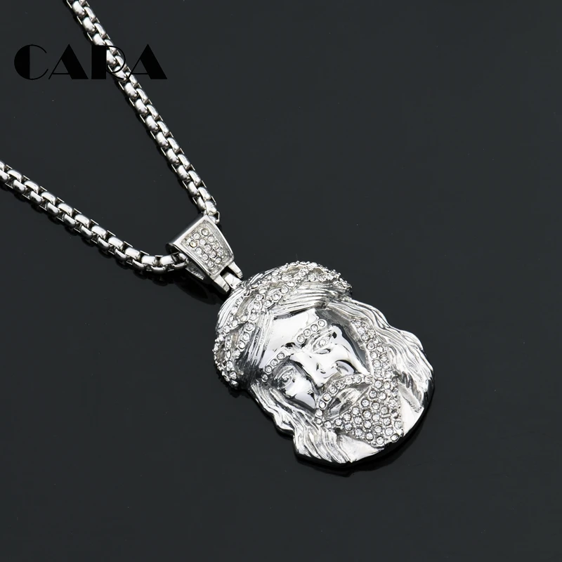 

2021 New Arrival BIG rhinestones Jesus head pendant necklace 316 stainless steel Christian amulet necklace with pendant CAGF0477