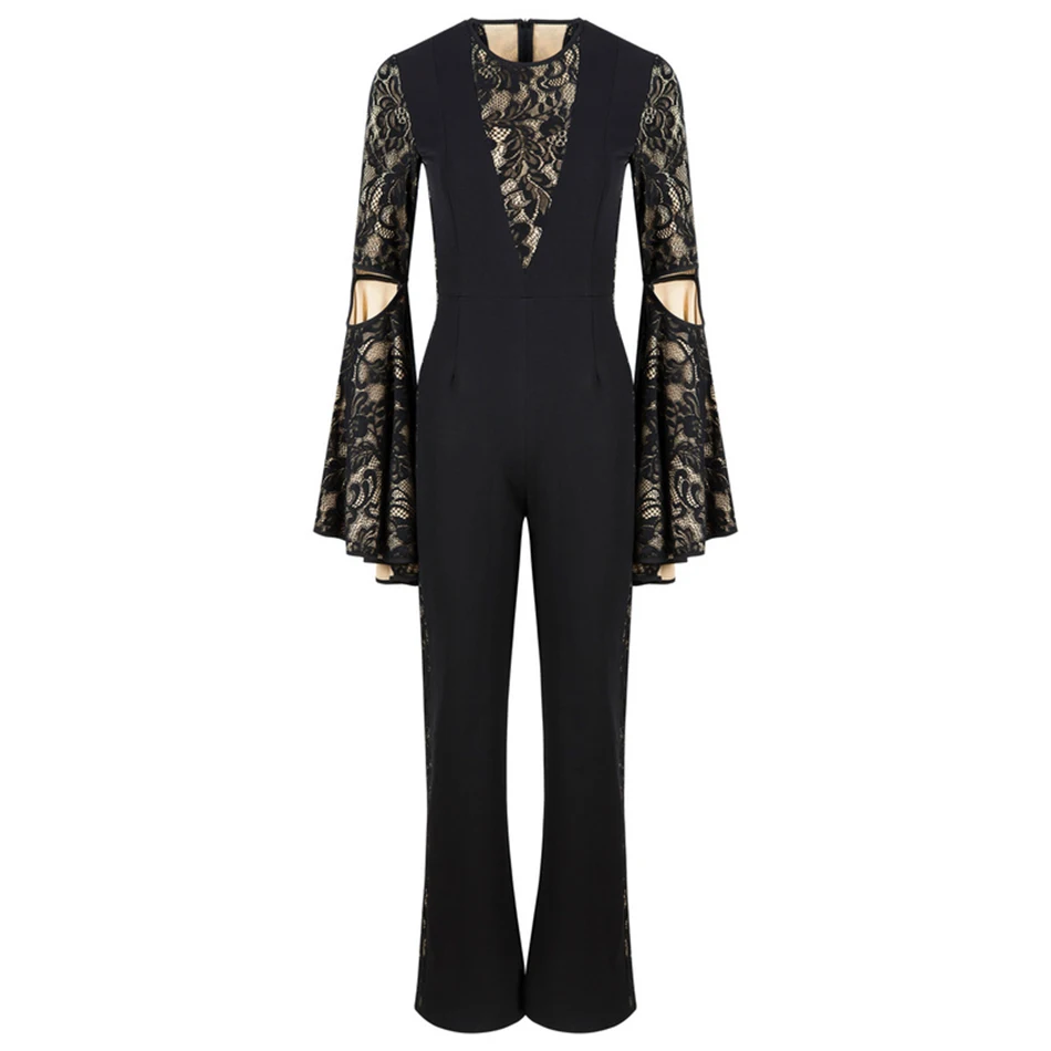 Artsu Summer Chic Lace Full Sleeve Straight Jumpsuits Evening Party 2018 Women's Elegant Black O-Neck Long Hot Sale | Женская одежда