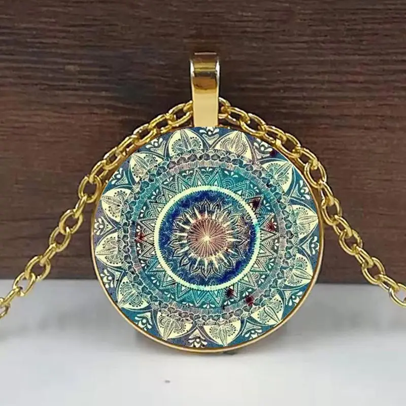 Gold Винтажное стеклянное купольное ожерелье буддизм чакра стеклянный кабошон кулон ювелирные изделия Ом Индия Йога ожерелье с мандалой для унисекс - Окраска металла: Gold