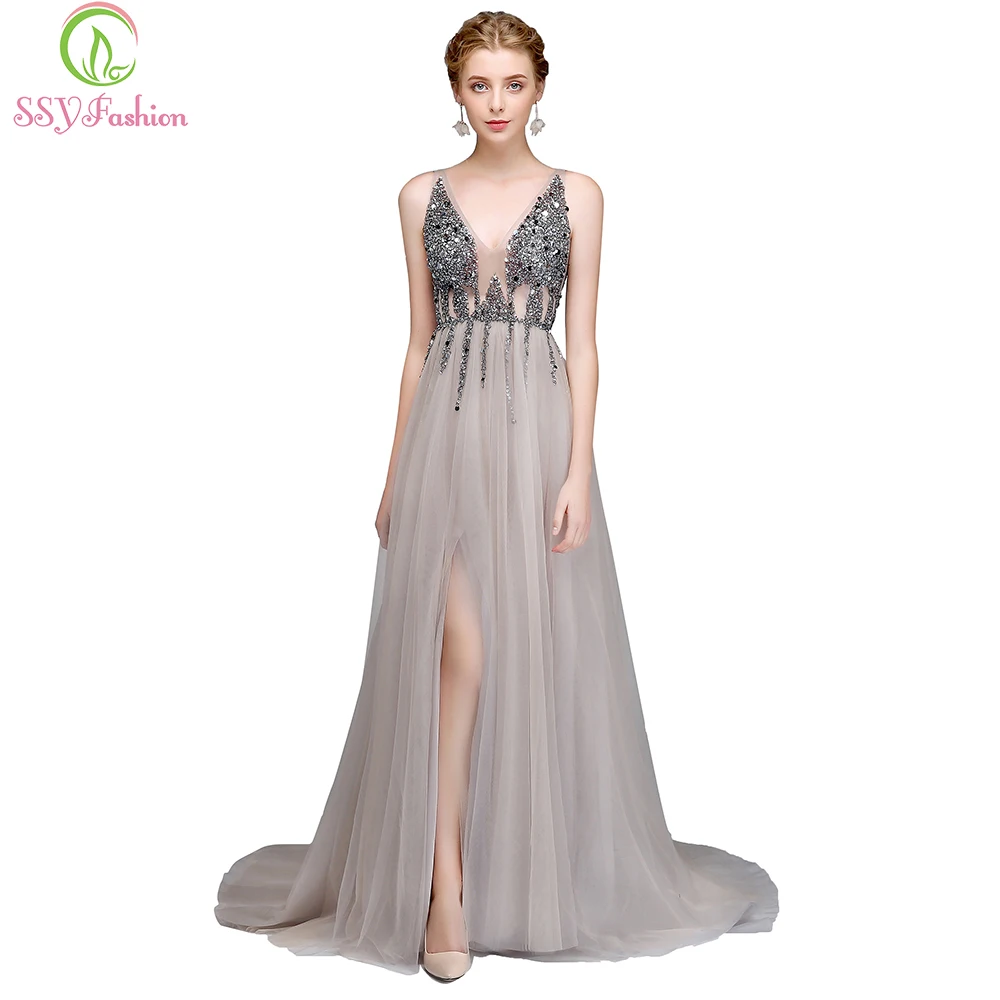 SSYFashion, новинка, роскошное вечернее платье, сексуальное, v-образный вырез, открытая спина, бисер, высокий разрез, тюль, длинное, для выпускного вечера, на заказ, вечерние, официальные платья
