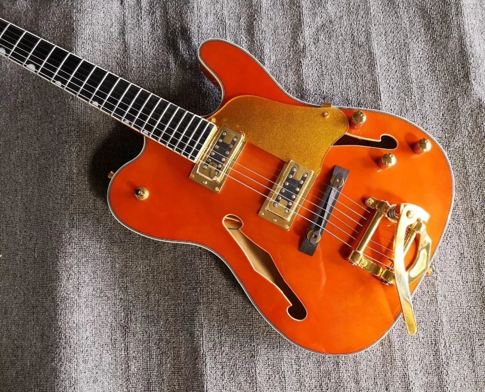 Высококачественный QShelly custom orange TL полый корпус f hole ebony фингерборд Золотой мост