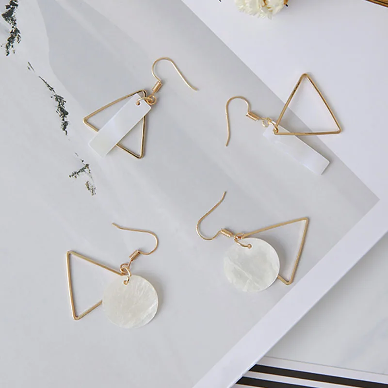 Корейская версия милые геометрические треугольные серьги Мода Shell круглые