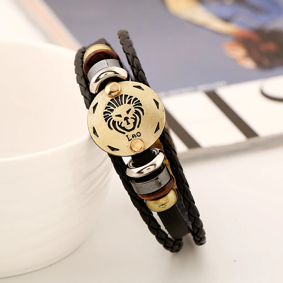 

Fashion Charm Jewelry 12 Zodiac Leo Copper Alloy Leather Bracelet Punk jewelry For Women & Men Multilayer Easy Buckles FS001-7