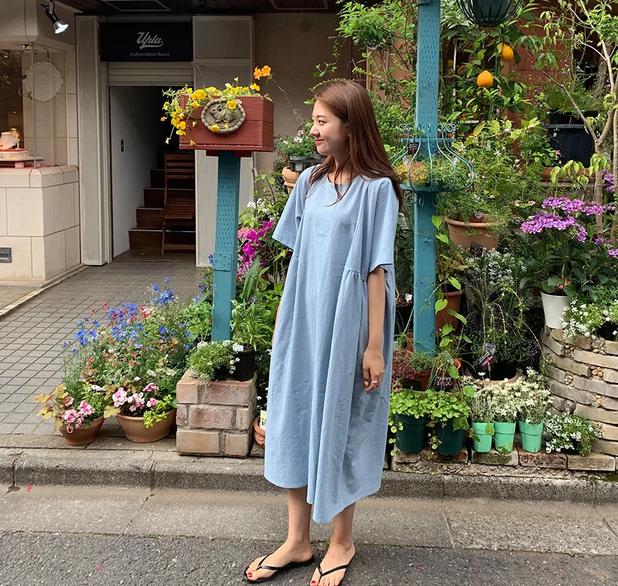 EWQ 2019 новое летнее поступление круглый воротник Vestidos короткий рукав свободный