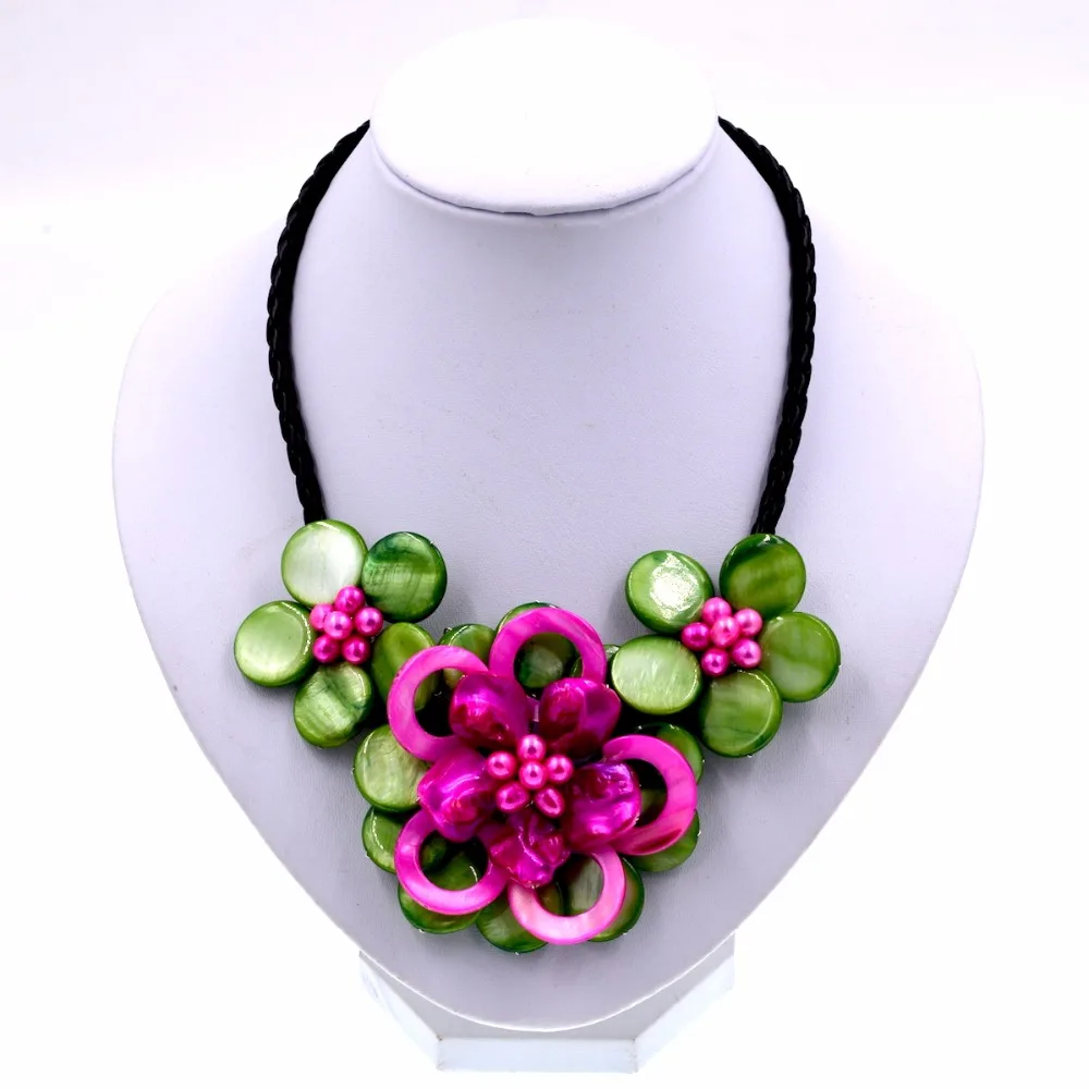 Fashion mother of pearls Green Hot pink mop pearl shell flower necklace | Украшения и аксессуары