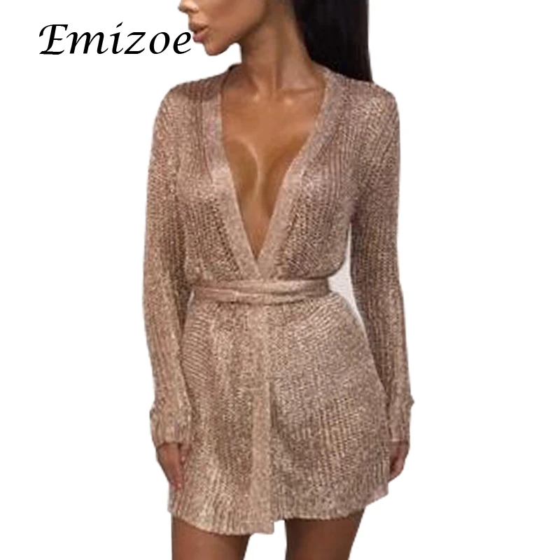 Женское трикотажное платье Emizoe клубное мини с длинным рукавом и бантом|knitted dresses