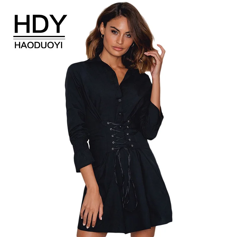 Женское мини-платье HDY Haoduoyi черное повседневное с поясом на шнурках | Женская