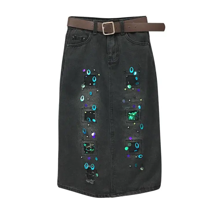 Summer Fall Fashion Designer Women Black Ripped Hole Sequined Placket Pencil Denim Skirt Woman High Waisted Beggar Jeans | Женская