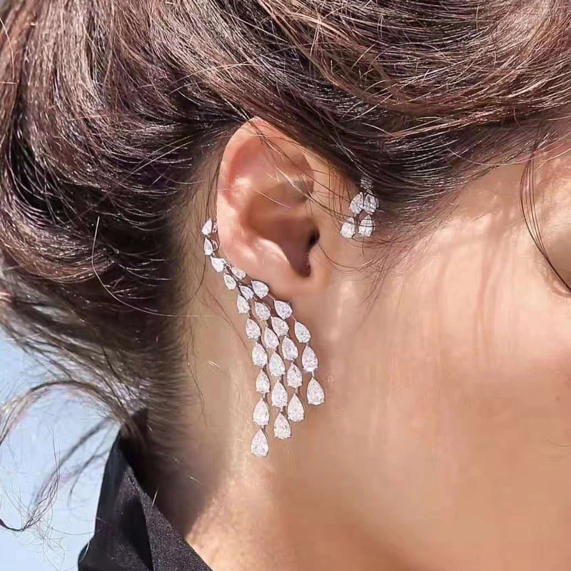 HIBRIDE Luxury Design Clear Cubic Zircon Water Drop Ear Cuff Women Clip Earrings Single Piece E-407