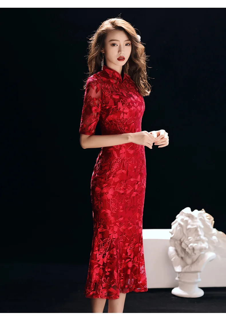 

New Spring Bride's Cheongsam Stand-collar Toast Red Dress Engagement Women's Fishtail Chinese Qipao