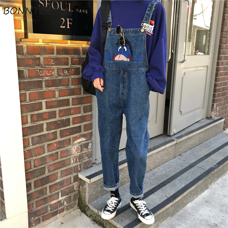 Женские комбинезоны, свободные, студенческие, с карманами, Kawaii, BF, Harajuku, женские, s, милые, шикарные, Мультяшные, с вышивкой, Ulzzang, джинсовые брюки на лямках