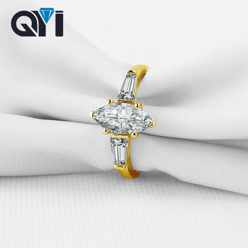 QYI Marquise Cut три обручальные кольца с камнями Moissanite Diamond 14K твердые желтые золотые