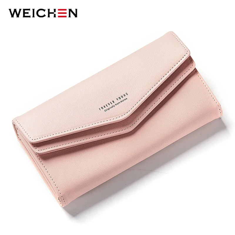 Pink WEICHEN, новинка, геометрический конверт, клатч, кошелек для женщин, женский, кожаный кошелек, держатели для карт, отделение для монет, телефона, Длинные кошельки, Bolsas - Цвет: Pink
