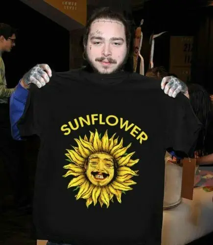 Мужская футболка с принтом подсолнуха Post Malone черная хлопковая Футболка S 6XL