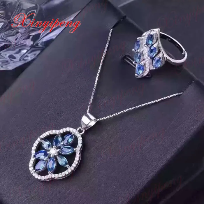 

925 gold-plated silver inlaid natural sapphire jewelry suit ring necklace pendant ms group with beautiful and generous