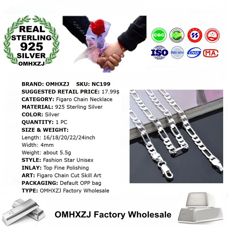 OMHXZJ Wholesale Personality Fashion Unisex Party Wedding Gift Silver 4MM Figaro Chain 925 Sterling Necklace NC199 | Украшения и