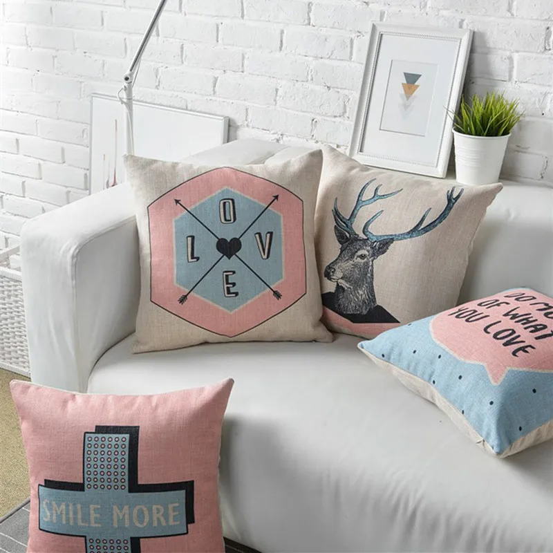 Розовый скандинавский олень крест льняная хлопковая наволочка для подушки Smile More