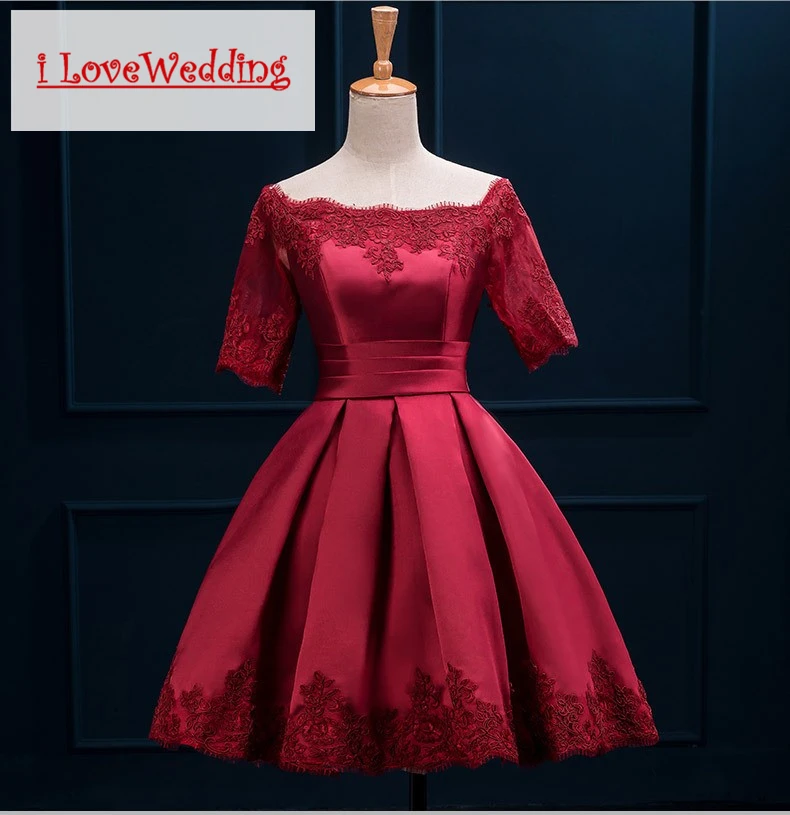 Бордовые короткие платья для выпускного вечера с коротким рукавом атласные