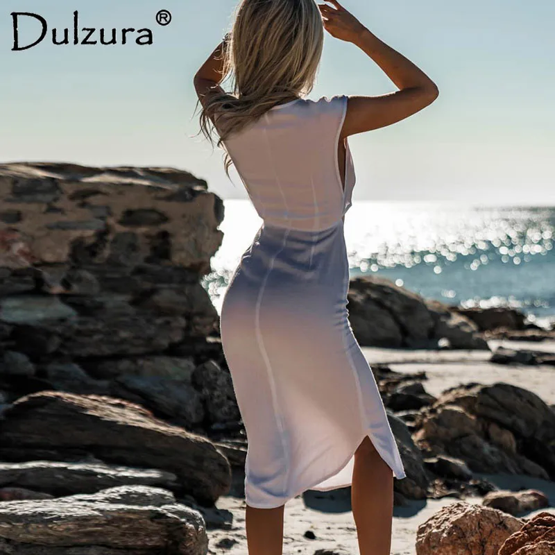 Dluzura выдалбливают Сплит Женщины Сексуальная Bodycon Платье 2018 летнее платье без