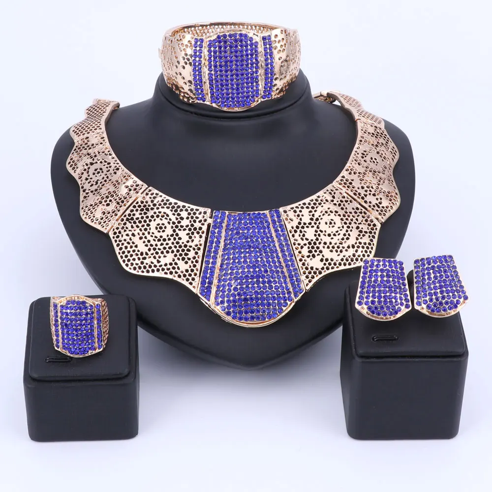 

African Gold Color Jewelry Set for Women Statement Necklace Bracelet Earrings Ring Jewelry Set for Bridal Party 5 Color
