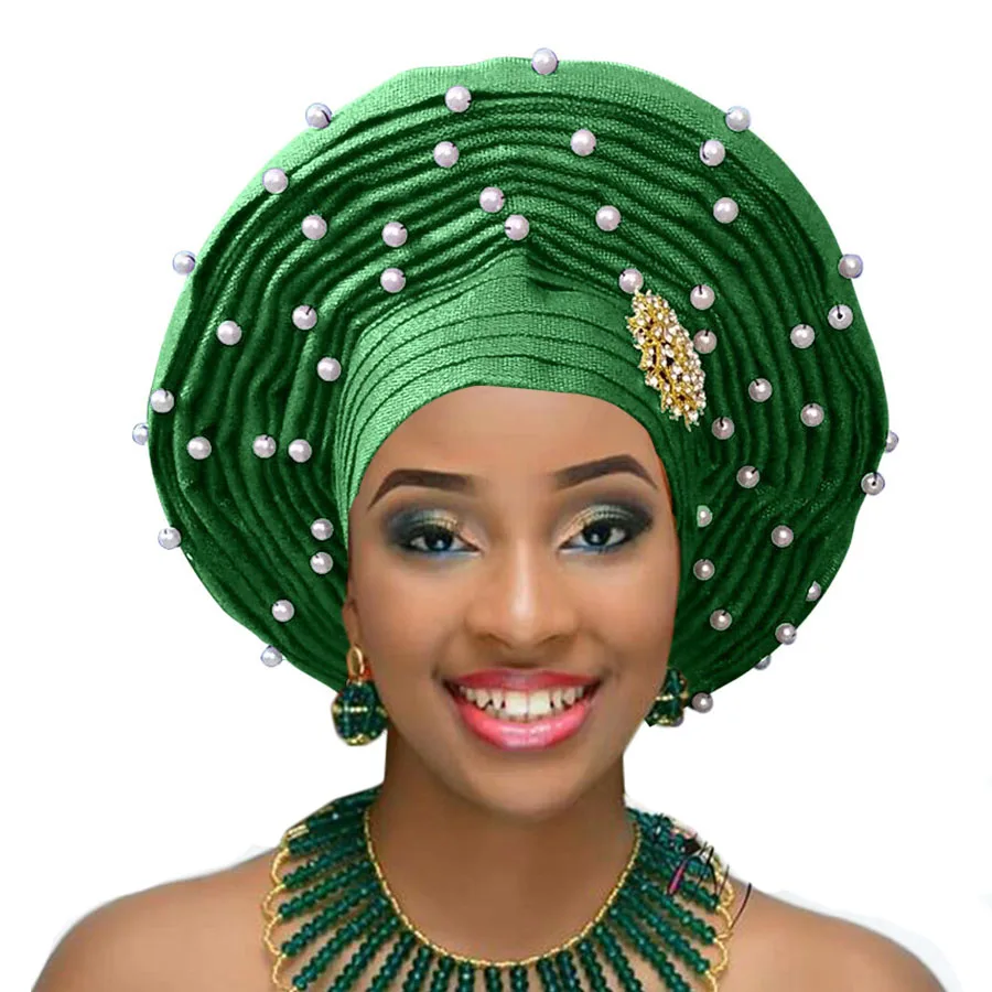 Африканский геле уже heatie Aso oke головной убор с бисером Африканский головной убор для женщин - Цвет: green