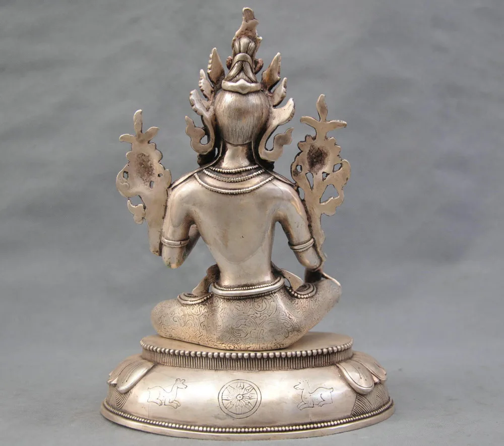

10'' China Silver Bronze Buddhism Green Tara Buddha Bronze Statue