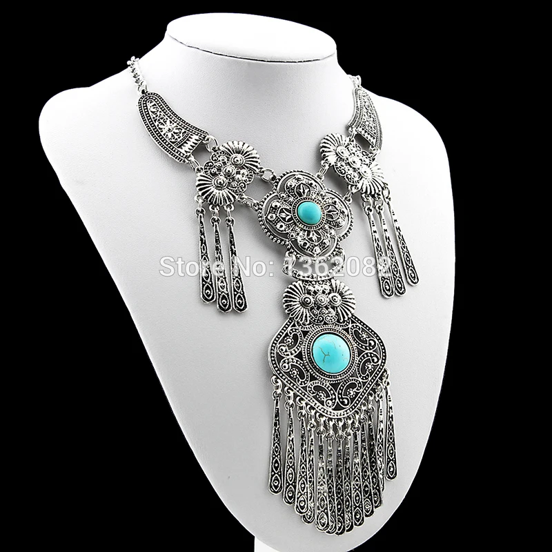 SENHUA Long Necklace for Women's Antique Silver Plated Tassels Statement Necklaces Natural Stone Pendant Sweater Chain MN612 | Украшения