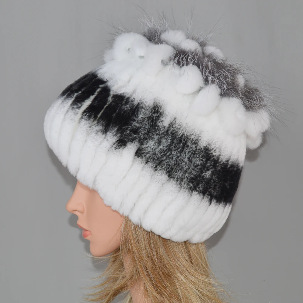 Women Natural Real Rex Rabbit Fur Beanies Hats Winter Warm Knit Genuine Caps New Female With Fox Skullies Cap | Аксессуары для