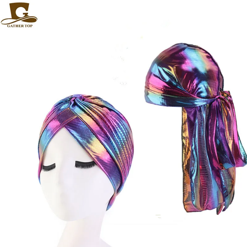 

2pcs/lot Fashion Men's Sparkly Silk Durag Bandana Headwear Colorful Wide Doo Rag Bonnet Polyester Cap metallic turban