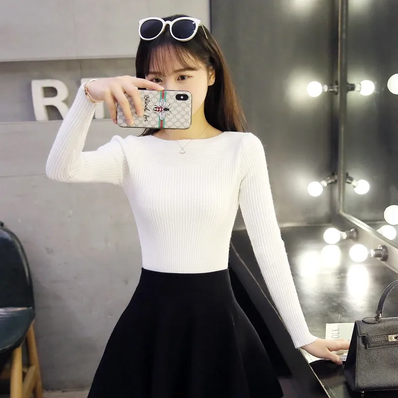 Autumn Winter Knitted Sweater Women Long Sleeve Pullover Tops 2019 Korean Style Casual Solid Slash Neck Slim Basic Jumper | Женская