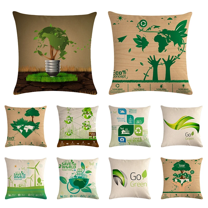 

Pillow Cover 18"x18" Greenery Save The World Together Go Green Eco Concept Travel Journey Burlap Cushion Cover Shell ZY1289