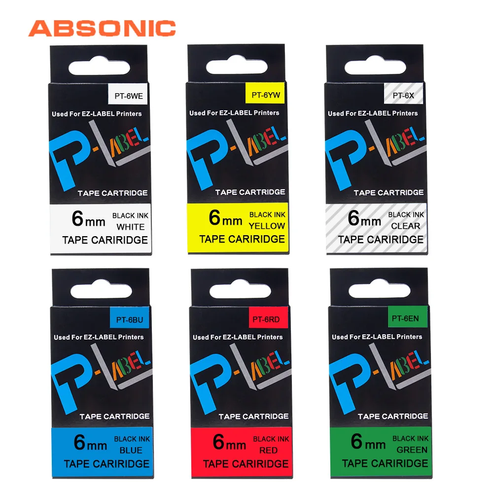 

Absonic 6PCS 6mm Cartridge Tape for Casio Label Maker XR-6X XR-6WE XR-6RD XR-6BU XR-6YW XR-6GN KL-60 KL-120 EZ-Label Printers