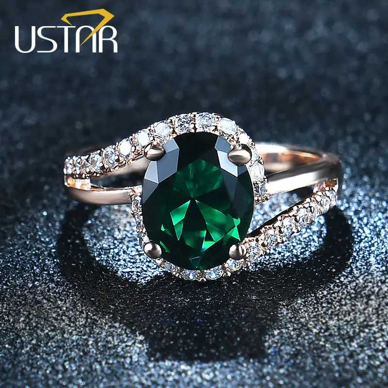 

USTAR Oval Green 2.0ct CZ Crystals wedding rings for women AAA Zircon Rose Gold Color engagement rings female anel bague femme