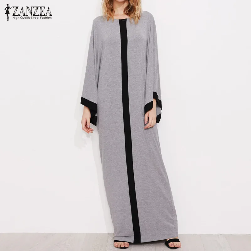 Женское длинное платье Кафтан в полоску с круглым вырезом и расклешенными