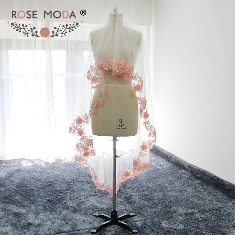 Rose Moda, сделанная на заказ, 200 см, Соборная вуаль с розовым кружевным подолом, мягкая Тюлевая Фата для невесты, белая, слоновая кость, 2 м, цветы ручной работы