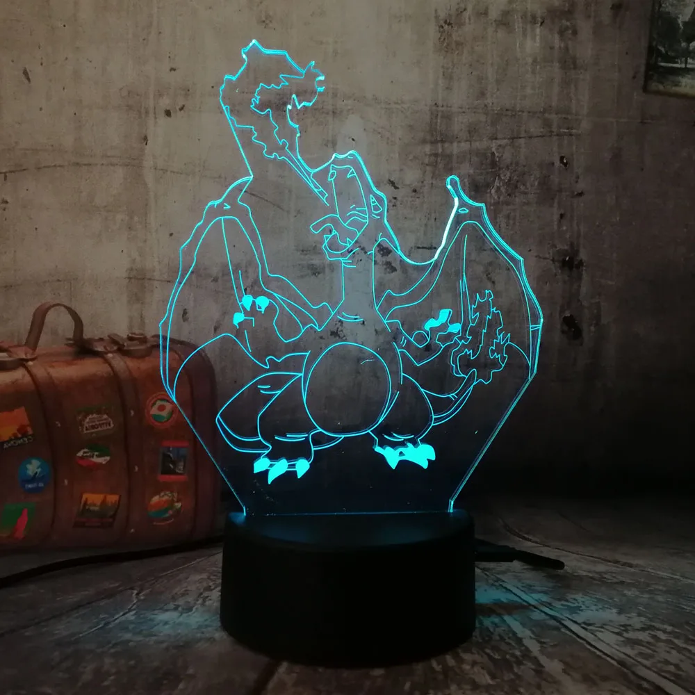 Крутой светодиодный 3D светильник с покемонами Charizard 7 цветов ночник Визуальный