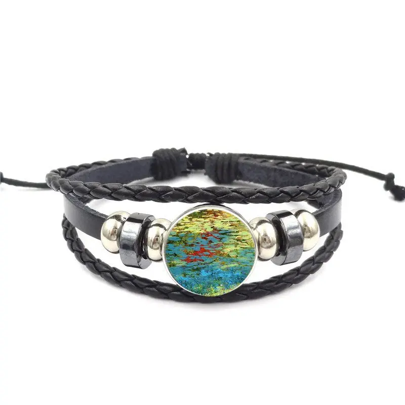 Для женщин черное кожаное ожерелье браслет со вставками стекла кабошон